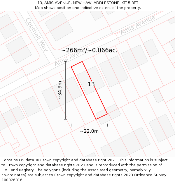 13, AMIS AVENUE, NEW HAW, ADDLESTONE, KT15 3ET: Plot and title map