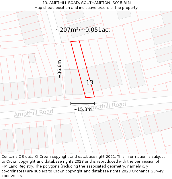 13, AMPTHILL ROAD, SOUTHAMPTON, SO15 8LN: Plot and title map