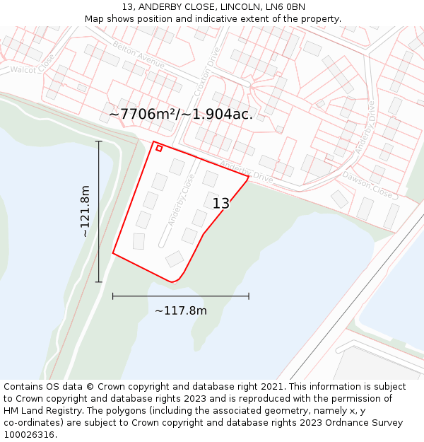 13, ANDERBY CLOSE, LINCOLN, LN6 0BN: Plot and title map
