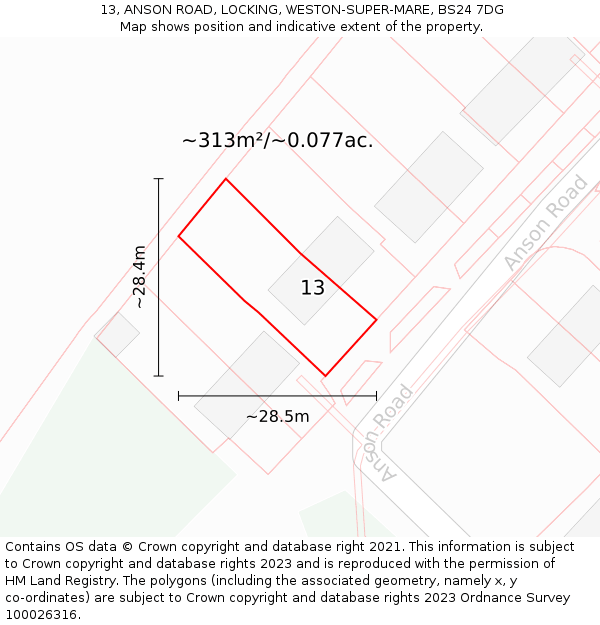 13, ANSON ROAD, LOCKING, WESTON-SUPER-MARE, BS24 7DG: Plot and title map