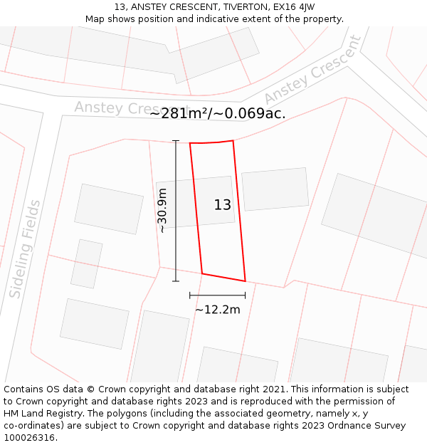 13, ANSTEY CRESCENT, TIVERTON, EX16 4JW: Plot and title map