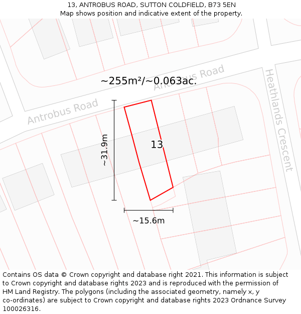 13, ANTROBUS ROAD, SUTTON COLDFIELD, B73 5EN: Plot and title map