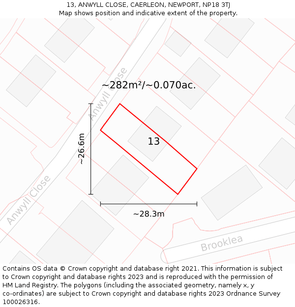 13, ANWYLL CLOSE, CAERLEON, NEWPORT, NP18 3TJ: Plot and title map