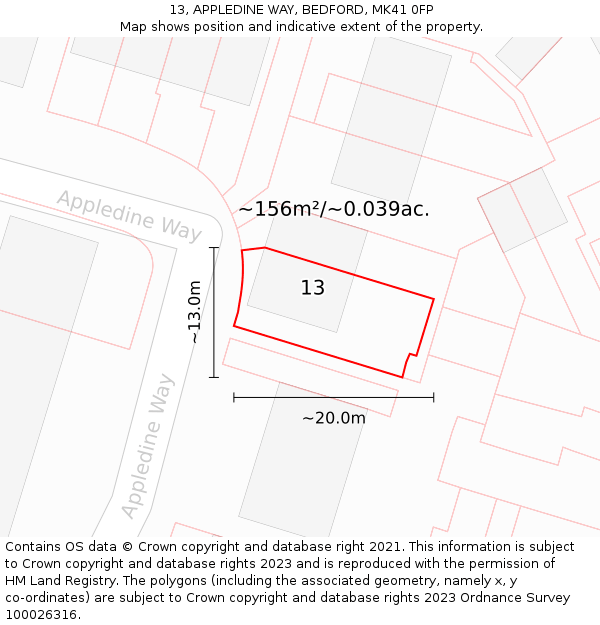 13, APPLEDINE WAY, BEDFORD, MK41 0FP: Plot and title map