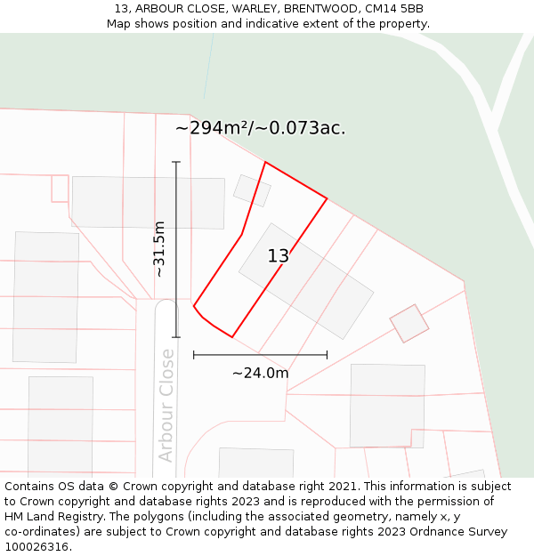 13, ARBOUR CLOSE, WARLEY, BRENTWOOD, CM14 5BB: Plot and title map