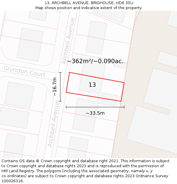 13, ARCHBELL AVENUE, BRIGHOUSE, HD6 3SU: Plot and title map