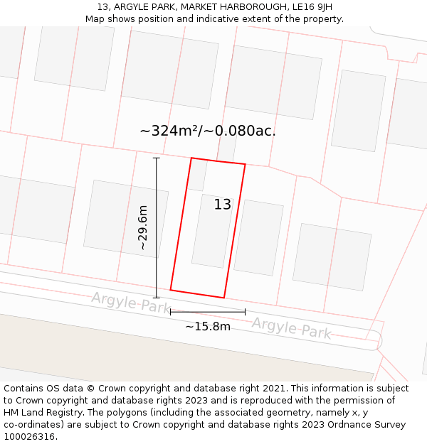 13, ARGYLE PARK, MARKET HARBOROUGH, LE16 9JH: Plot and title map
