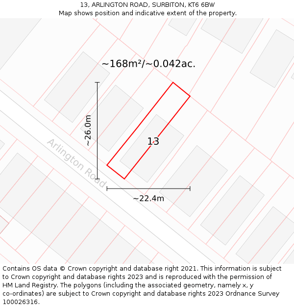 13, ARLINGTON ROAD, SURBITON, KT6 6BW: Plot and title map