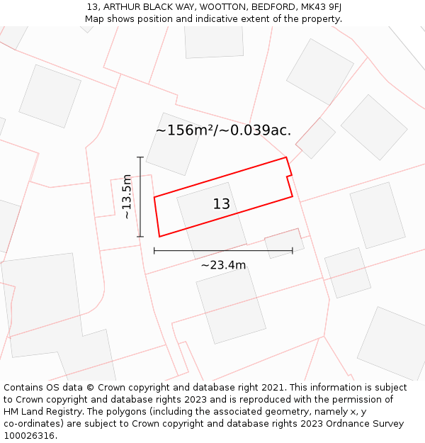 13, ARTHUR BLACK WAY, WOOTTON, BEDFORD, MK43 9FJ: Plot and title map