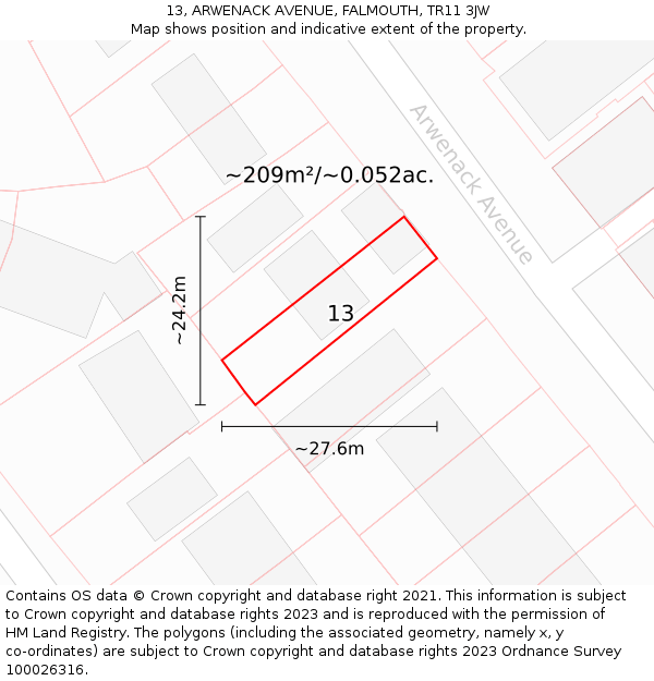 13, ARWENACK AVENUE, FALMOUTH, TR11 3JW: Plot and title map