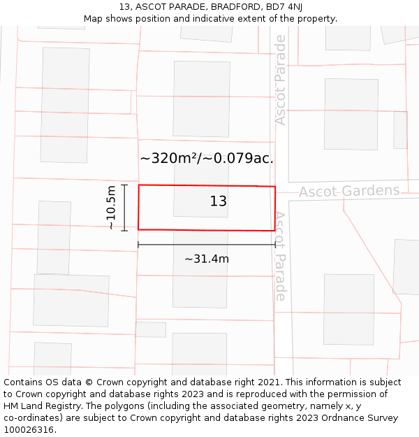 13, ASCOT PARADE, BRADFORD, BD7 4NJ: Plot and title map