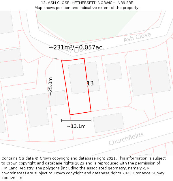 13, ASH CLOSE, HETHERSETT, NORWICH, NR9 3RE: Plot and title map