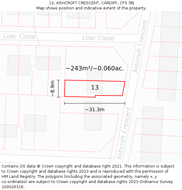13, ASHCROFT CRESCENT, CARDIFF, CF5 3RJ: Plot and title map
