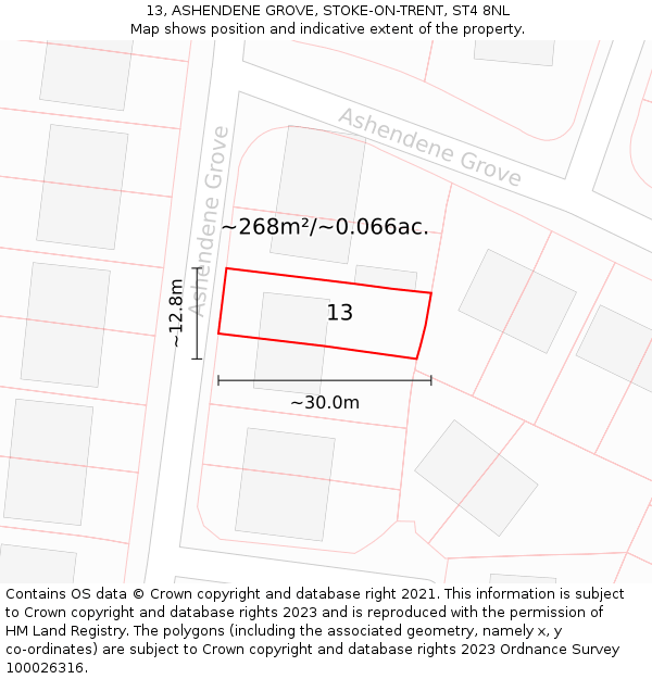 13, ASHENDENE GROVE, STOKE-ON-TRENT, ST4 8NL: Plot and title map