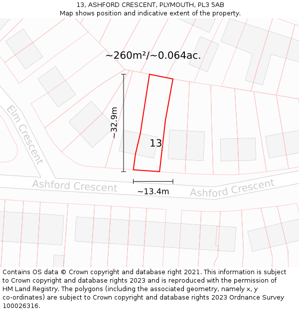 13, ASHFORD CRESCENT, PLYMOUTH, PL3 5AB: Plot and title map