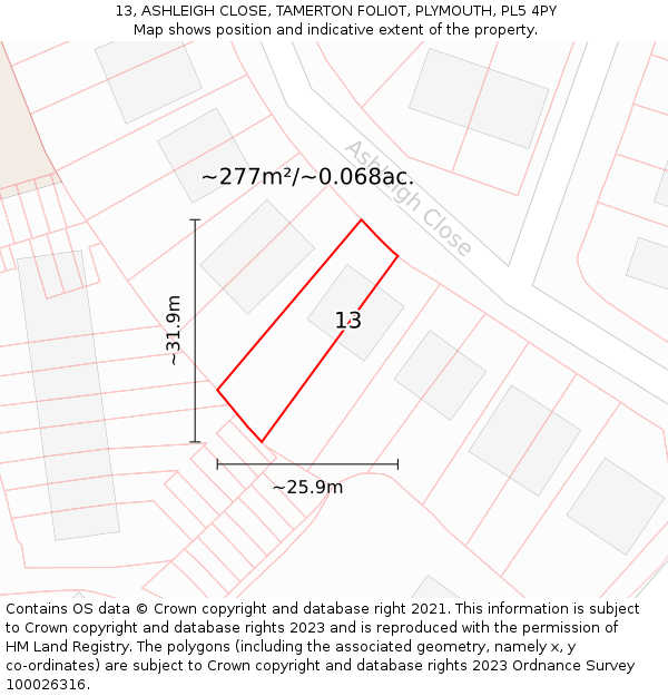 13, ASHLEIGH CLOSE, TAMERTON FOLIOT, PLYMOUTH, PL5 4PY: Plot and title map