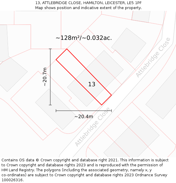 13, ATTLEBRIDGE CLOSE, HAMILTON, LEICESTER, LE5 1PF: Plot and title map