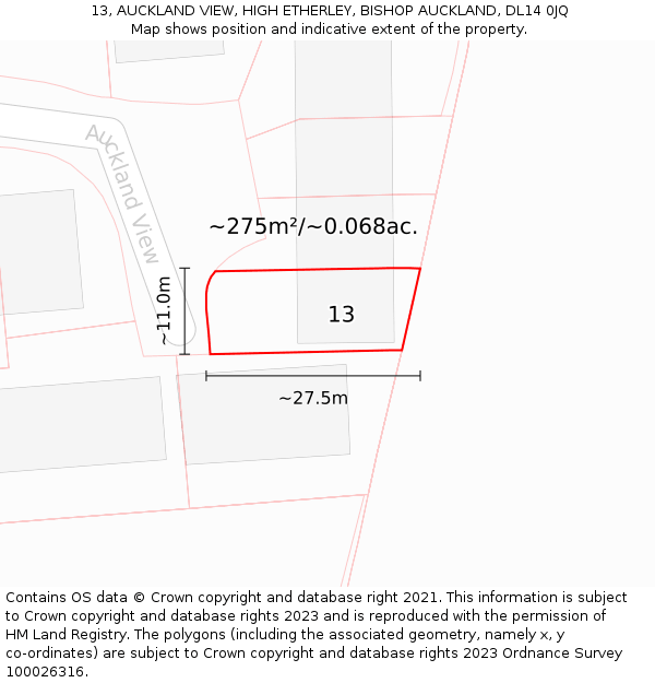 13, AUCKLAND VIEW, HIGH ETHERLEY, BISHOP AUCKLAND, DL14 0JQ: Plot and title map