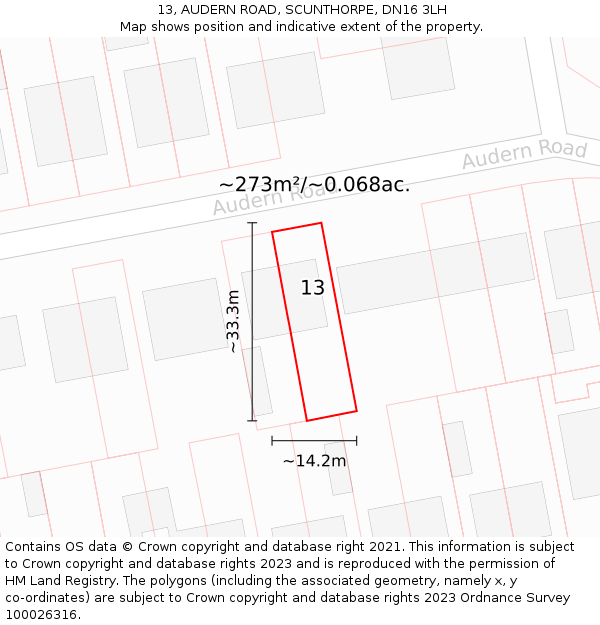 13, AUDERN ROAD, SCUNTHORPE, DN16 3LH: Plot and title map