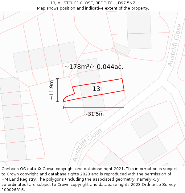 13, AUSTCLIFF CLOSE, REDDITCH, B97 5NZ: Plot and title map