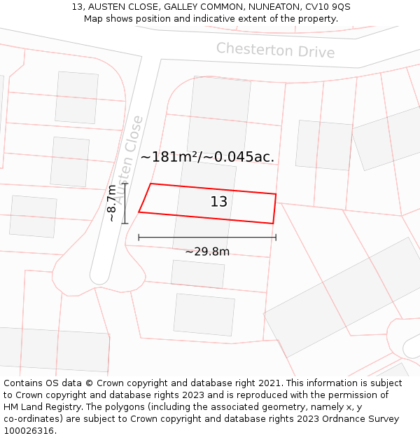 13, AUSTEN CLOSE, GALLEY COMMON, NUNEATON, CV10 9QS: Plot and title map