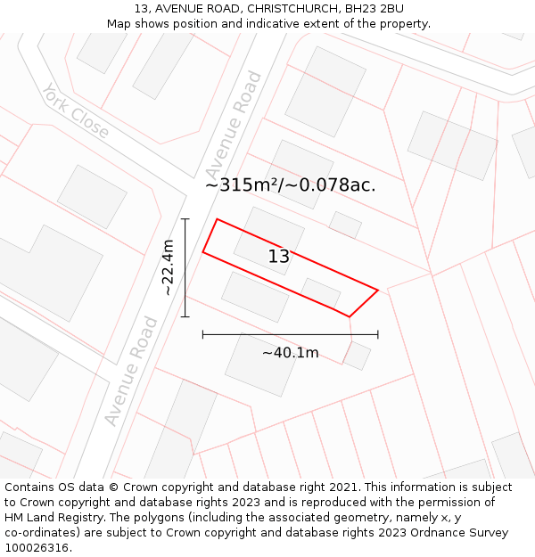 13, AVENUE ROAD, CHRISTCHURCH, BH23 2BU: Plot and title map