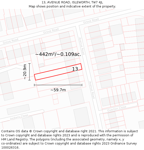 13, AVENUE ROAD, ISLEWORTH, TW7 4JL: Plot and title map