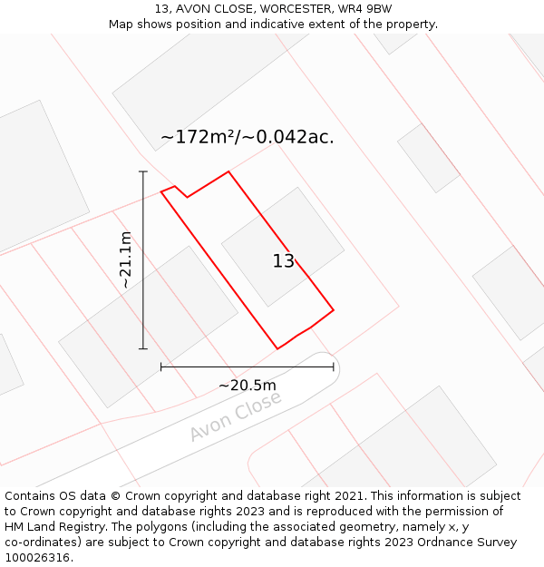 13, AVON CLOSE, WORCESTER, WR4 9BW: Plot and title map