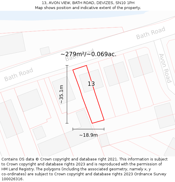 13, AVON VIEW, BATH ROAD, DEVIZES, SN10 1PH: Plot and title map