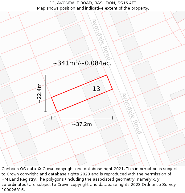 13, AVONDALE ROAD, BASILDON, SS16 4TT: Plot and title map