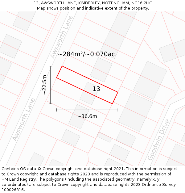 13, AWSWORTH LANE, KIMBERLEY, NOTTINGHAM, NG16 2HG: Plot and title map