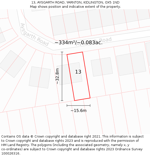 13, AYSGARTH ROAD, YARNTON, KIDLINGTON, OX5 1ND: Plot and title map