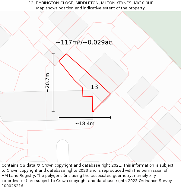 13, BABINGTON CLOSE, MIDDLETON, MILTON KEYNES, MK10 9HE: Plot and title map