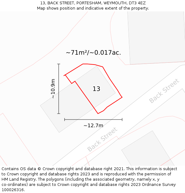 13, BACK STREET, PORTESHAM, WEYMOUTH, DT3 4EZ: Plot and title map