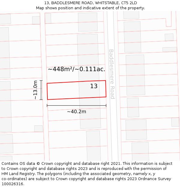 13, BADDLESMERE ROAD, WHITSTABLE, CT5 2LD: Plot and title map