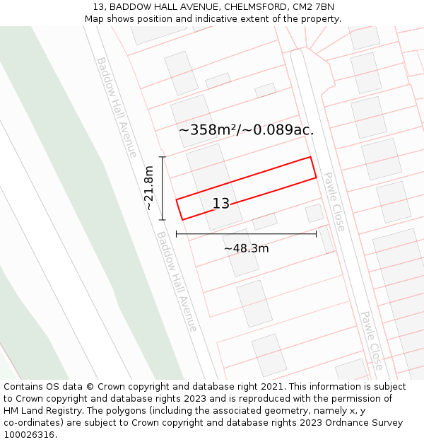 13, BADDOW HALL AVENUE, CHELMSFORD, CM2 7BN: Plot and title map