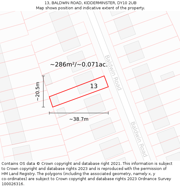 13, BALDWIN ROAD, KIDDERMINSTER, DY10 2UB: Plot and title map