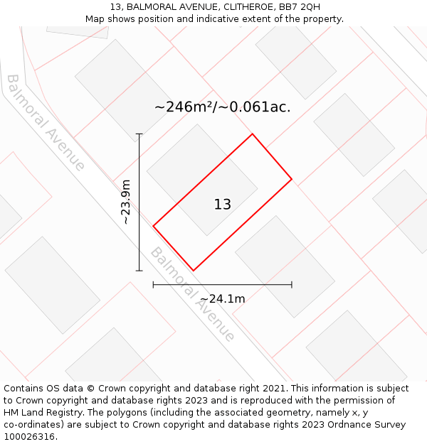 13, BALMORAL AVENUE, CLITHEROE, BB7 2QH: Plot and title map