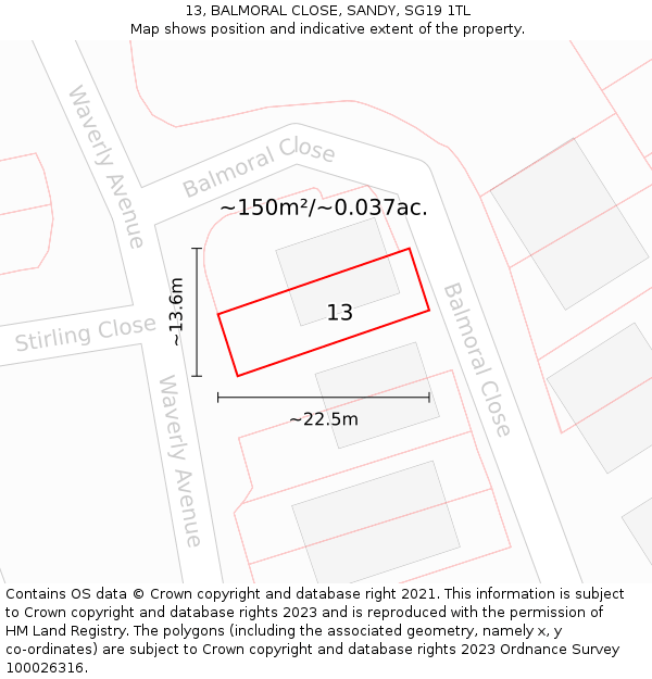 13, BALMORAL CLOSE, SANDY, SG19 1TL: Plot and title map