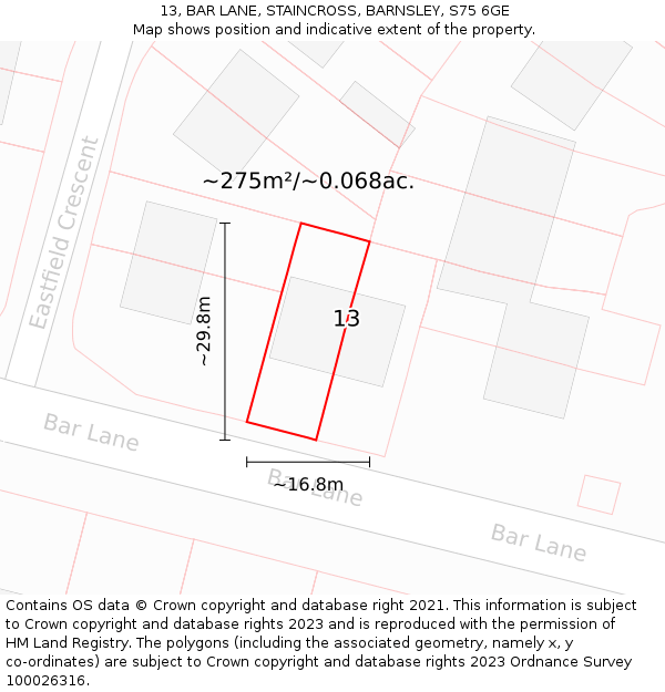 13, BAR LANE, STAINCROSS, BARNSLEY, S75 6GE: Plot and title map