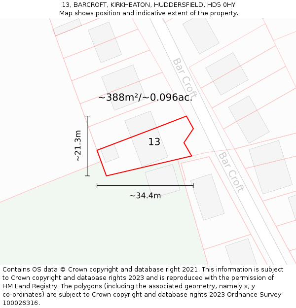 13, BARCROFT, KIRKHEATON, HUDDERSFIELD, HD5 0HY: Plot and title map