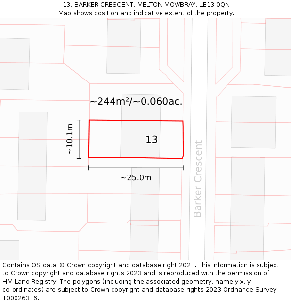 13, BARKER CRESCENT, MELTON MOWBRAY, LE13 0QN: Plot and title map