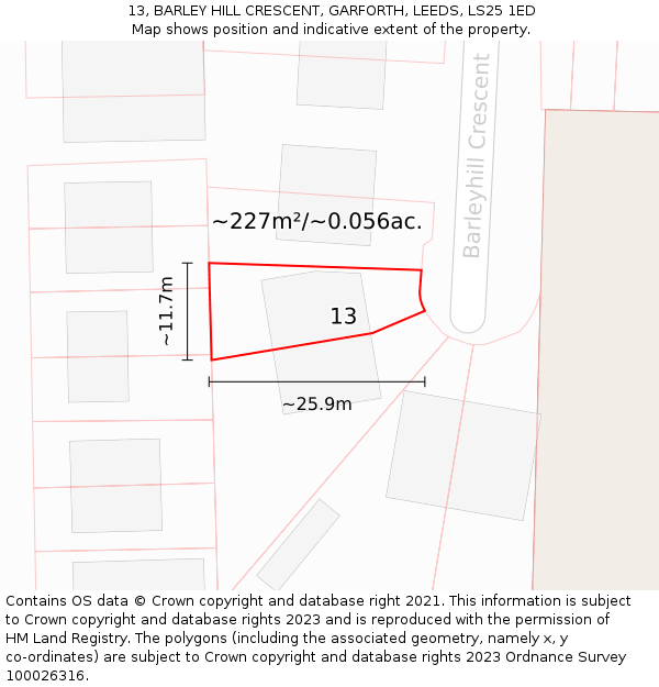 13, BARLEY HILL CRESCENT, GARFORTH, LEEDS, LS25 1ED: Plot and title map