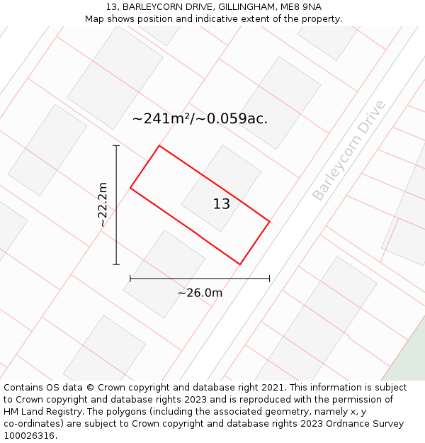 13, BARLEYCORN DRIVE, GILLINGHAM, ME8 9NA: Plot and title map