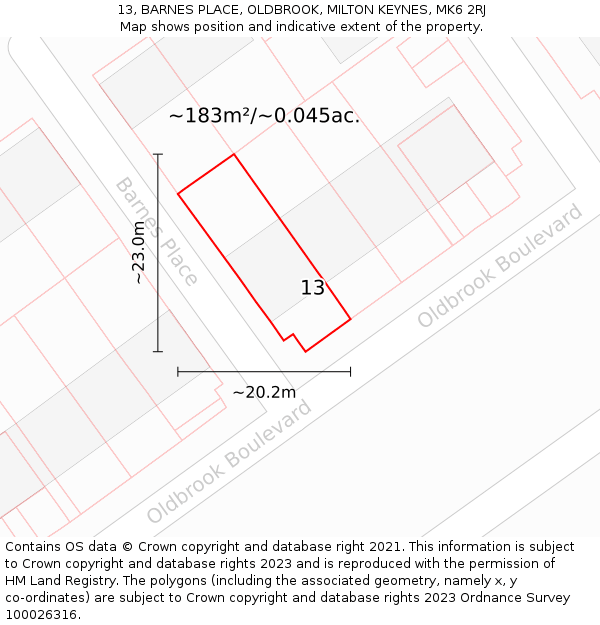 13, BARNES PLACE, OLDBROOK, MILTON KEYNES, MK6 2RJ: Plot and title map