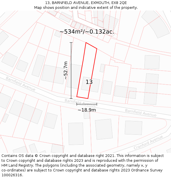 13, BARNFIELD AVENUE, EXMOUTH, EX8 2QE: Plot and title map