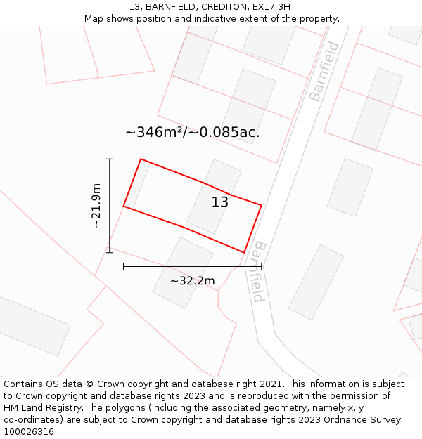 13, BARNFIELD, CREDITON, EX17 3HT: Plot and title map