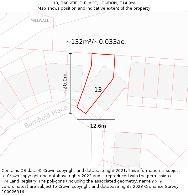 13, BARNFIELD PLACE, LONDON, E14 9YA: Plot and title map