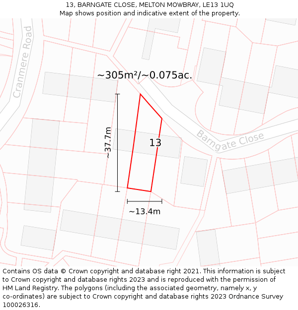 13, BARNGATE CLOSE, MELTON MOWBRAY, LE13 1UQ: Plot and title map