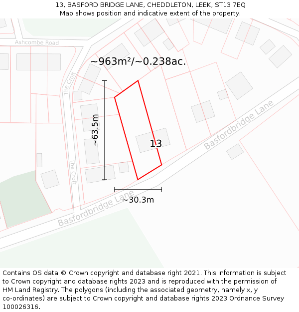 13, BASFORD BRIDGE LANE, CHEDDLETON, LEEK, ST13 7EQ: Plot and title map